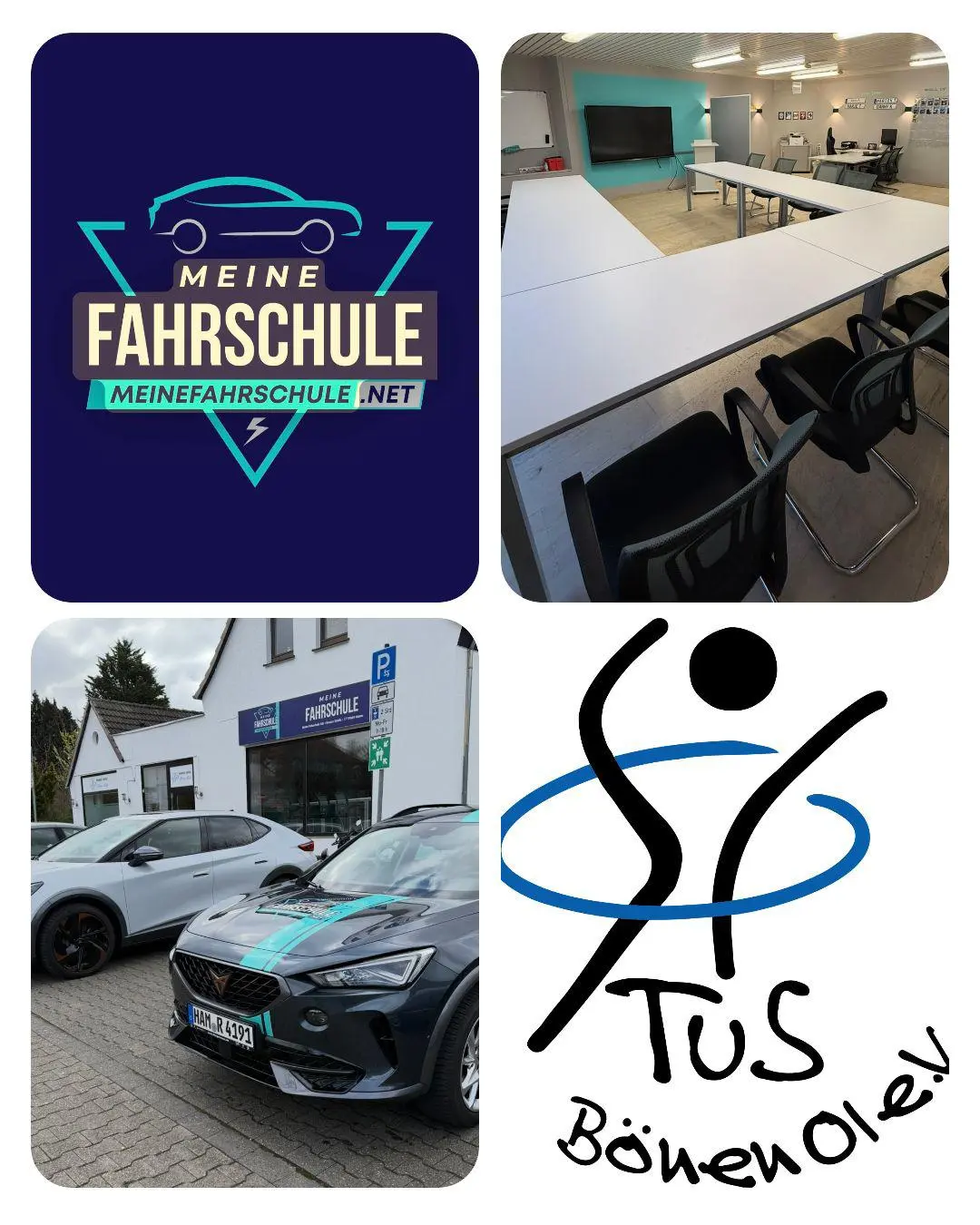 Logo von Meine Fahrschule und Fahrzeuge auf einem Parkplatz vor der Fahrschule.