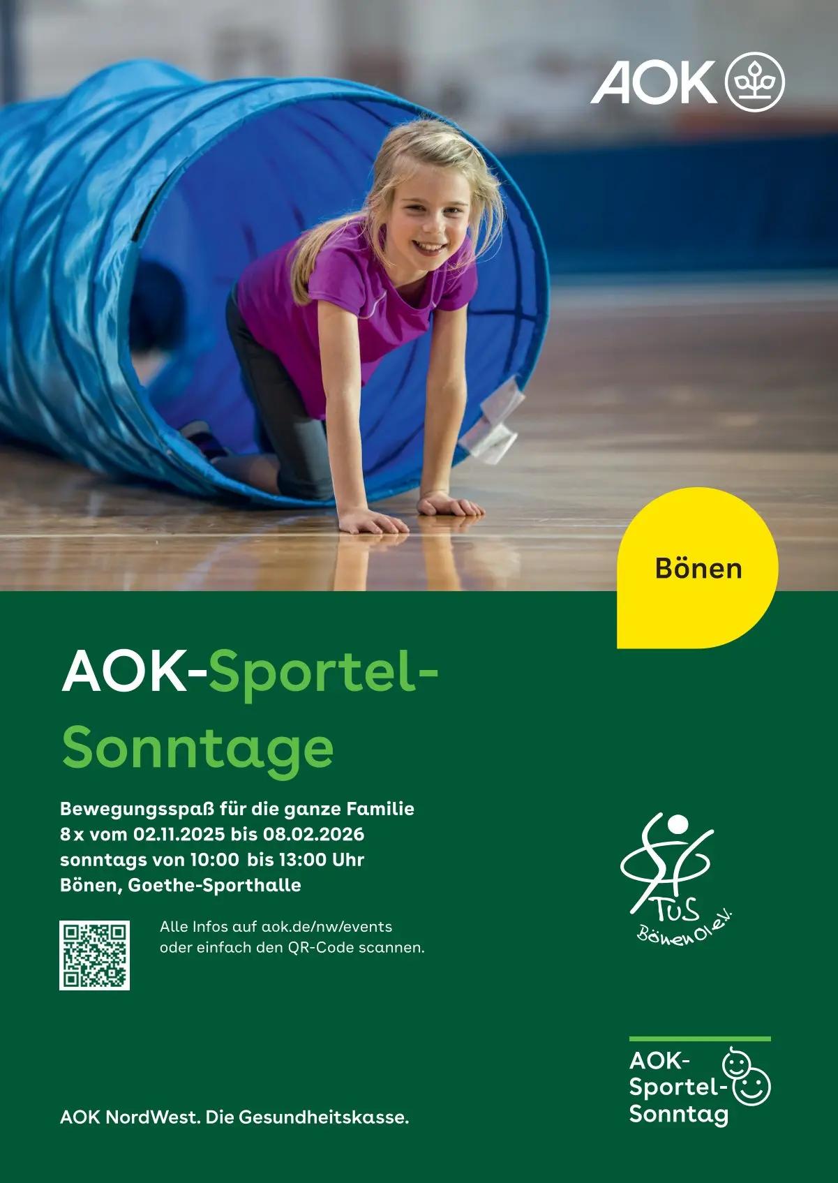 AOK-Sportel-Sonntage 2025-2026_Boenen_A4-Plakat Plakat für AOK Sportel-Sonntage mit Informationen zu Veranstaltungen und QR-Code.