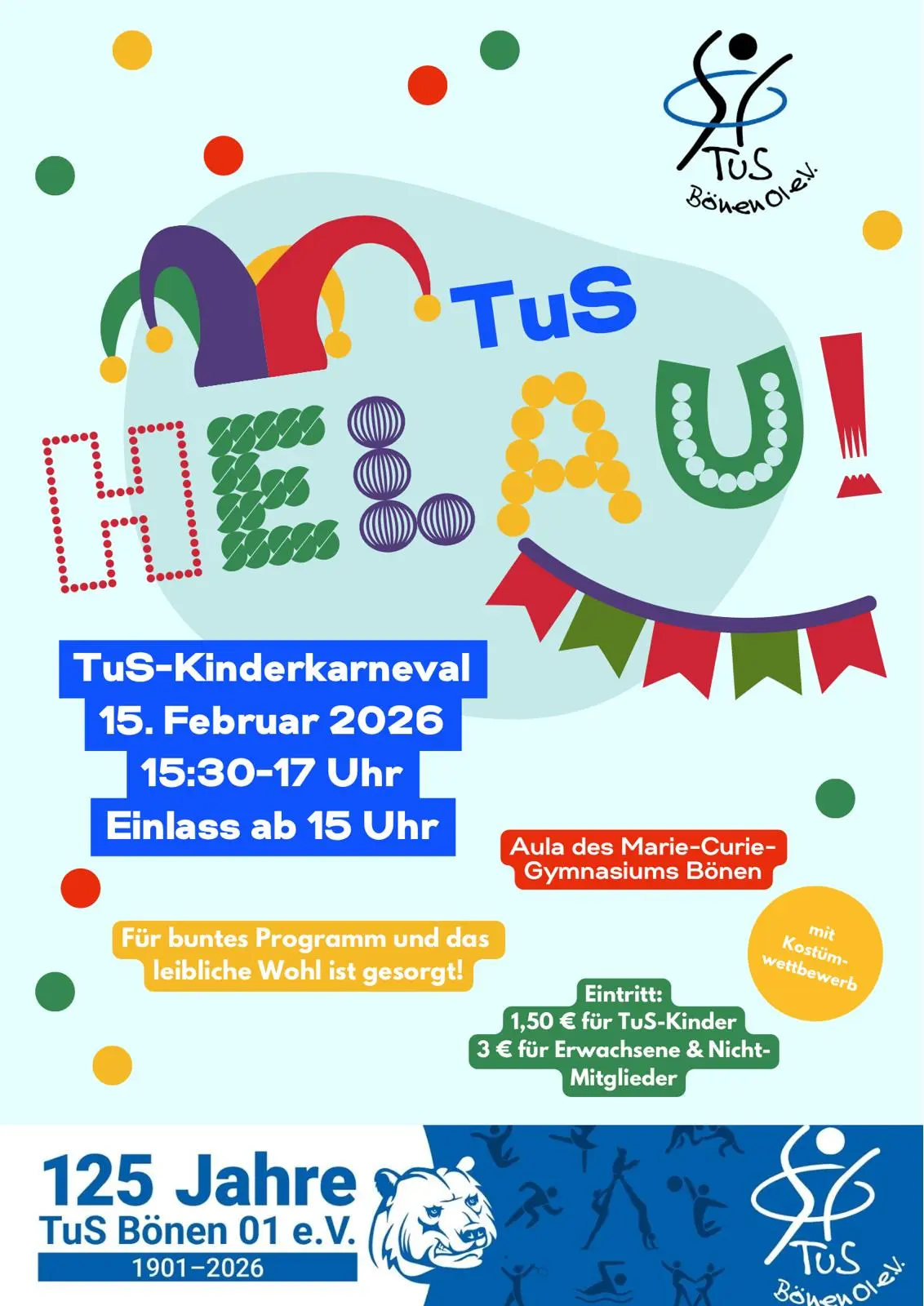 Plakat für den TuS-Kinderkarneval am 15. Februar 2026 mit bunten Farben und einem Karnevalsmotiv.