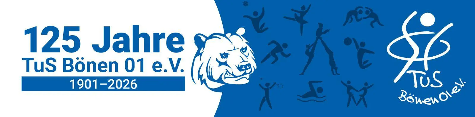 Grafik zum 125-jährigen Jubiläum des TuS Bönen 01 e.V. mit einem Löwenkopf und sportlichen Silhouetten.