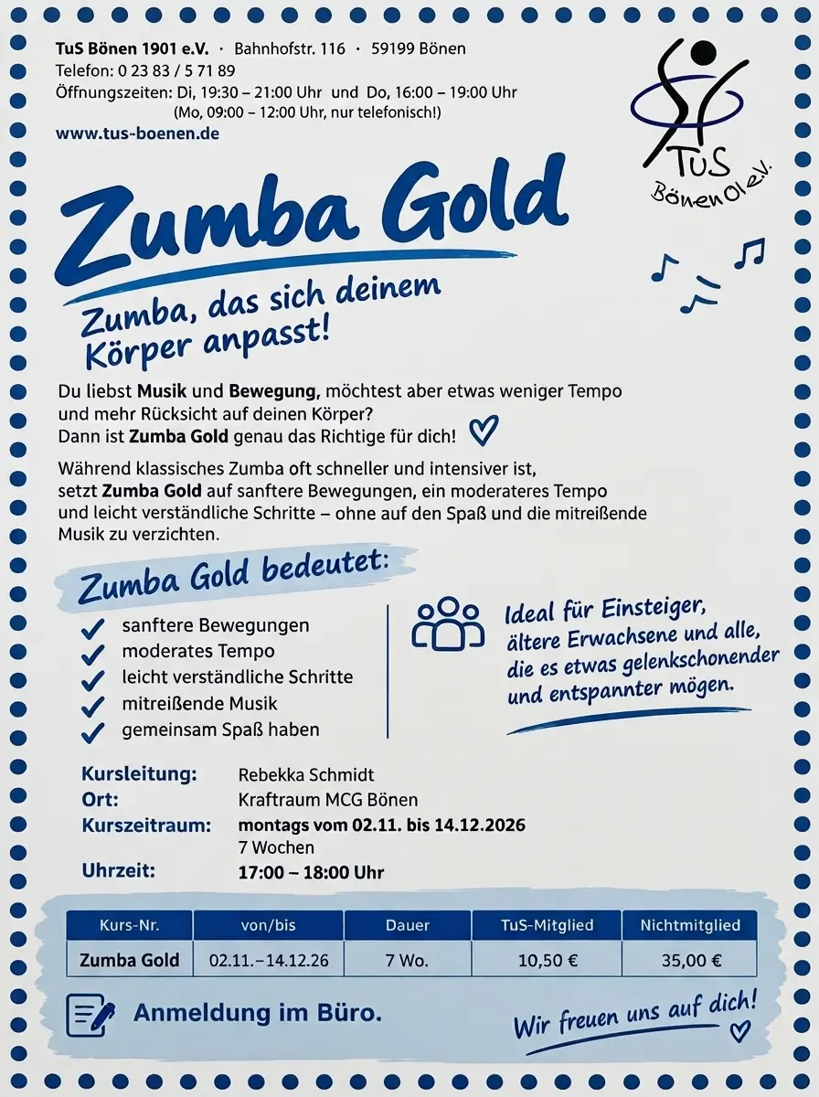 Der TuS B&ouml;nen k&uuml;ndigt Zumba Gold ab November 2026 an: sanfte Bewegungen, moderates Tempo und leicht verst&auml;ndliche Schritte.